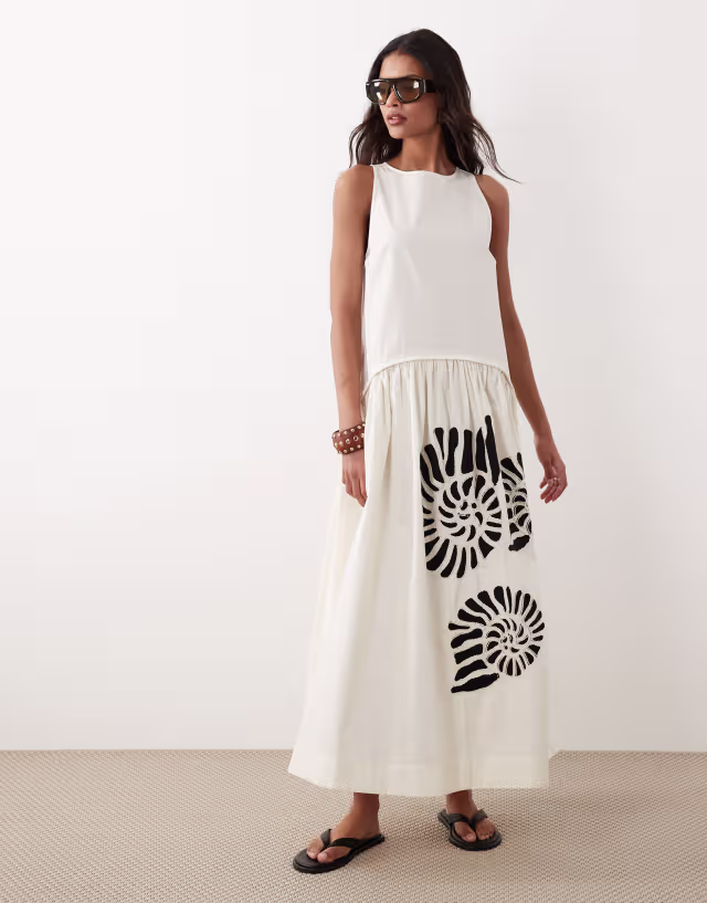 ASOS DESIGN dropped waist maxi dress with natural shell embroidery in neutral