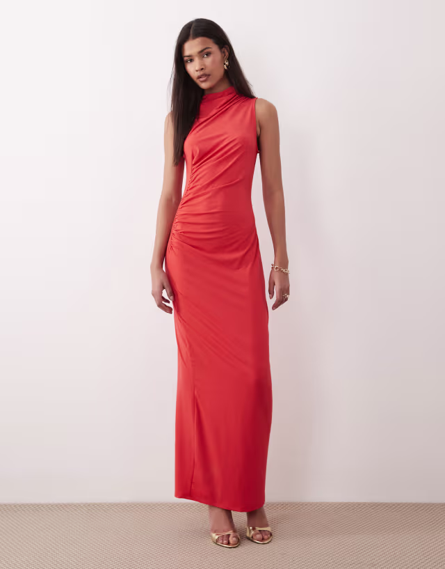 VILA high neck ruched maxi dress in hibiscus red