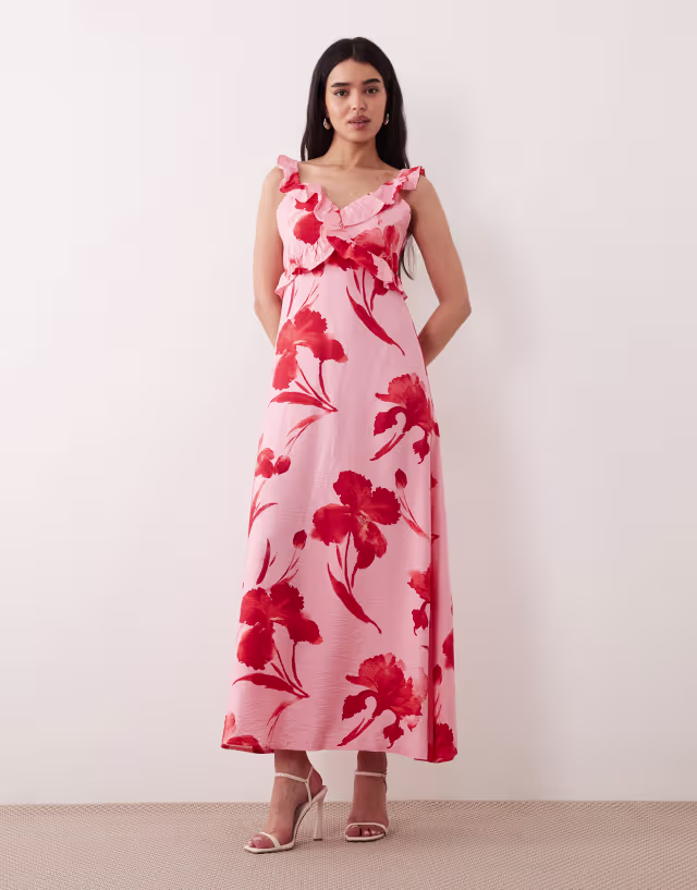 ONLY frill detailing maxi dress in pink floral print