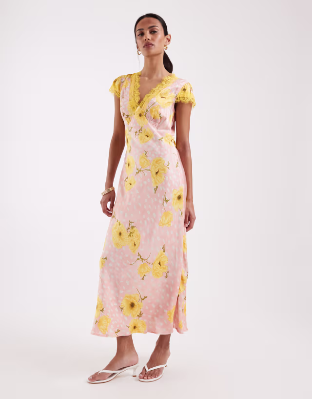 Never Fully Dressed Olivia v neck maxi dress in yellow poppy spot print