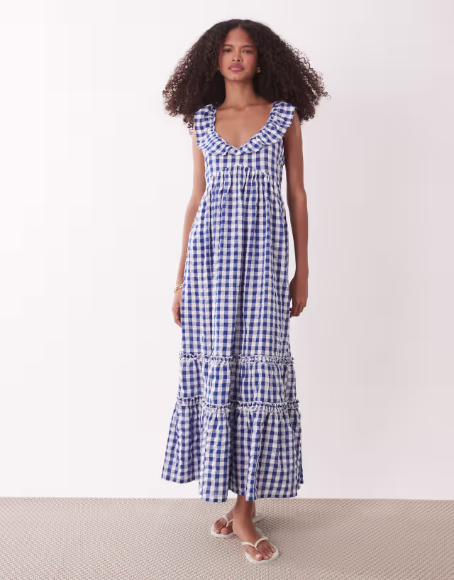 Accessorize gingham print midi beach dress in navy blue