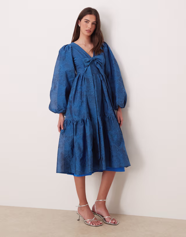 Sister Jane Sunrise exclusive jacquard balloon sleeve v-neck bow detail midi dress in blue