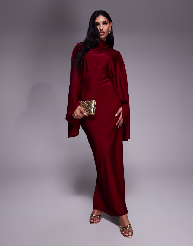 ASOS DESIGN funnel neck satin maxi dress with exaggerated sleeves in burgundy