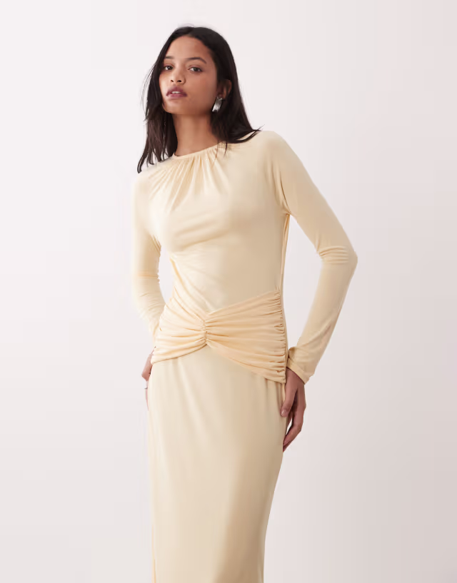 ASOS DESIGN modal long sleeve maxi dress with ruching details in buttermilk