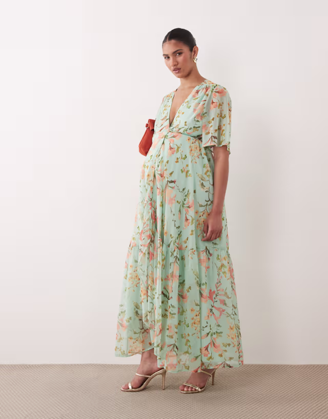 Hope & Ivy Maternity flutter sleeve wrap maxi dress in sage floral