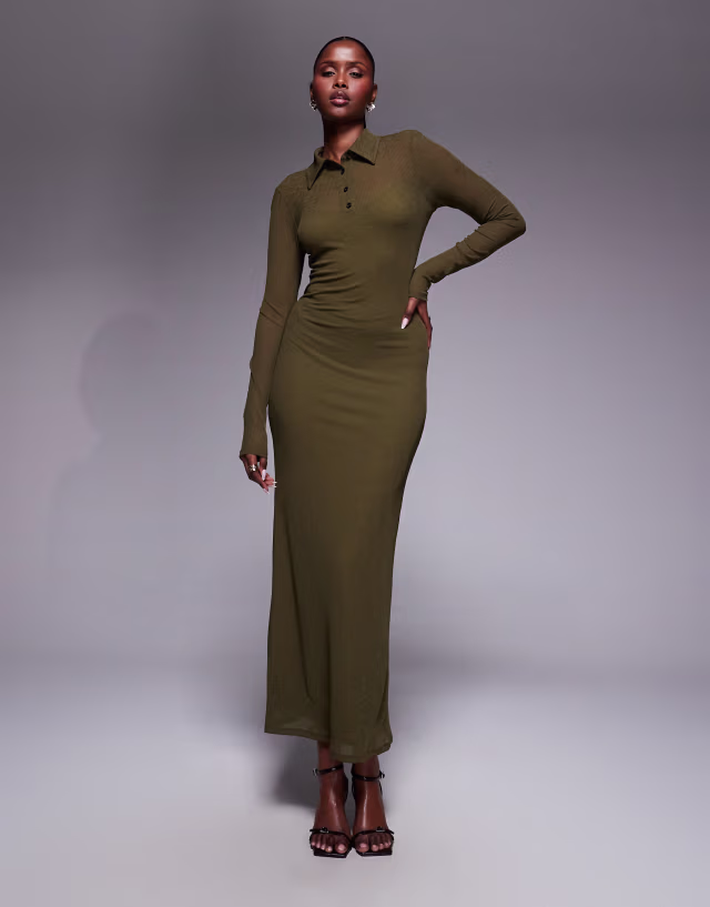 ASOS DESIGN long sleeve double layer maxi dress in dark olive