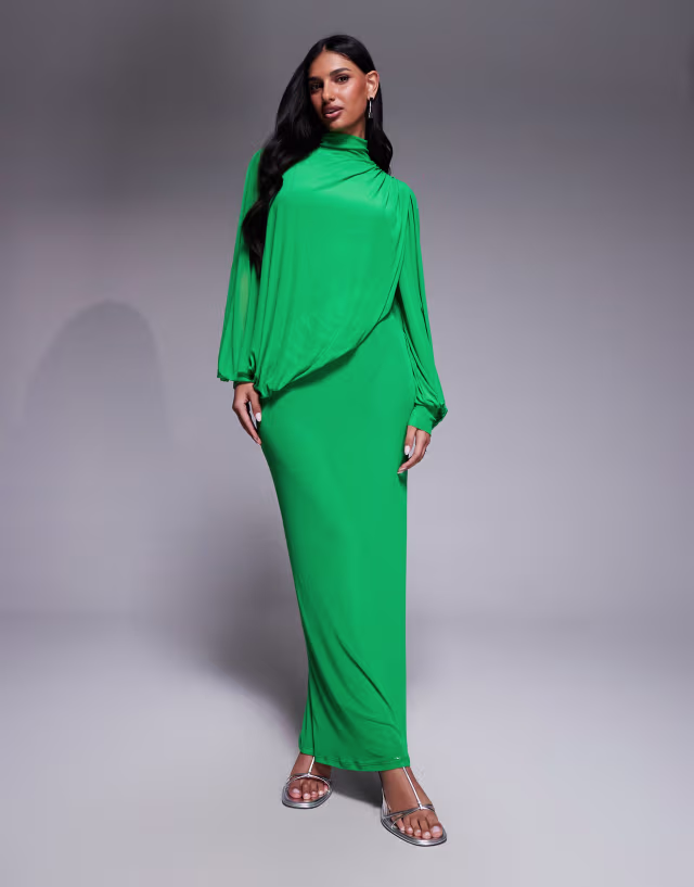 ASOS DESIGN modesty mesh wrap over draped blouson sleeves high neck maxi dress in green