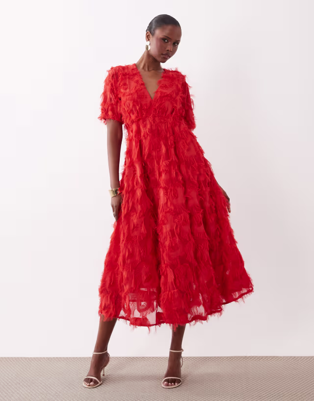 YAS textured v-neck midi dress in poinsettia