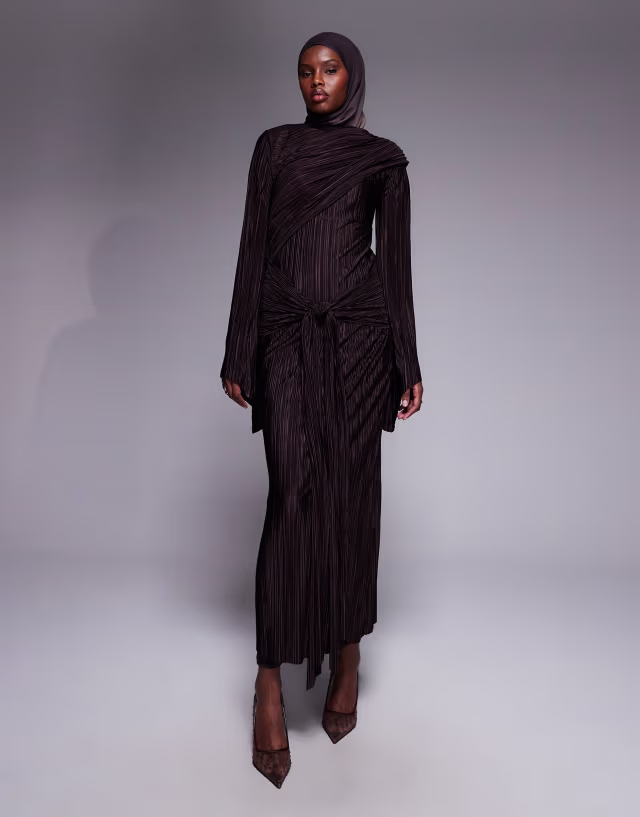 ASOS DESIGN plisse maxi dress with draping detail in chocolate