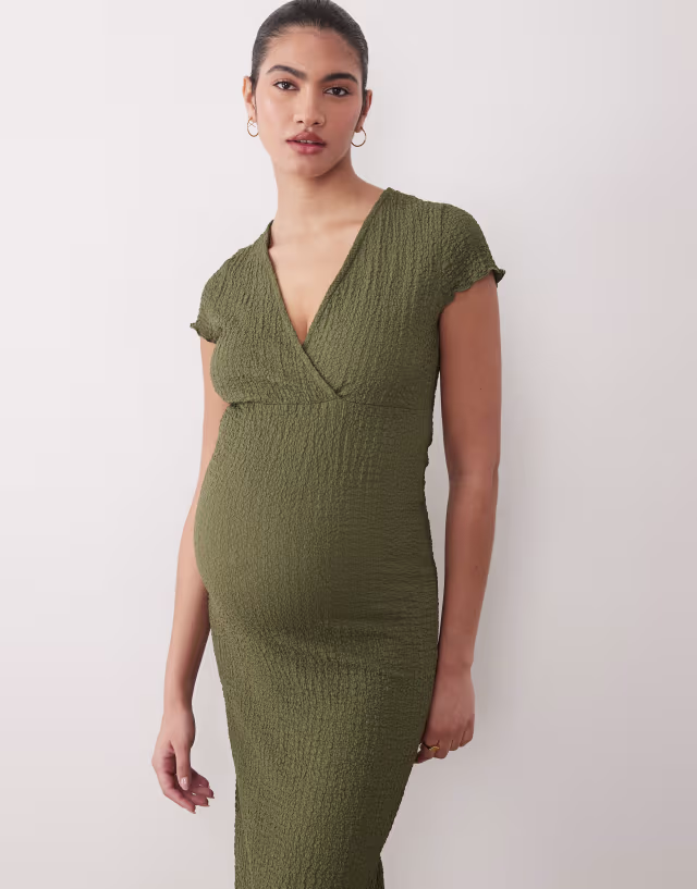 Mamalicious Maternity textured cap sleeve V-neck 2-function nursing midi dress in dark khaki