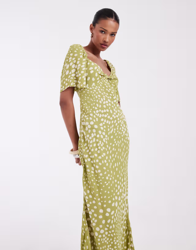 & Other Stories viscose puff sleeve midaxi dress with twist sweetheart neckline in green polka dot
