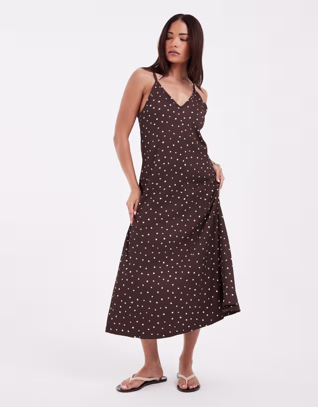 ONLY Petite midaxi dress in brown polka dots