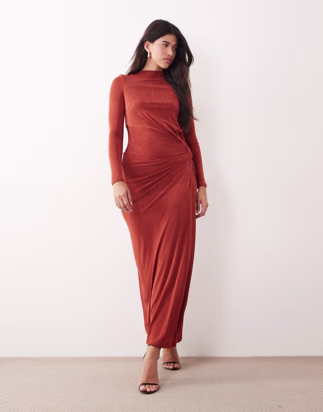Daska stretch long sleeve high neck twist maxi dress in rust