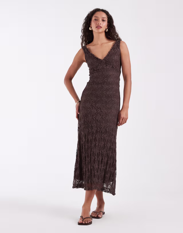 ONLY v-neck lace midaxi dress in brown