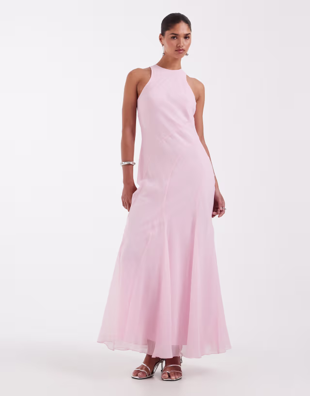 ASOS DESIGN racer neck bias maxi dress with godet hem in soft pink