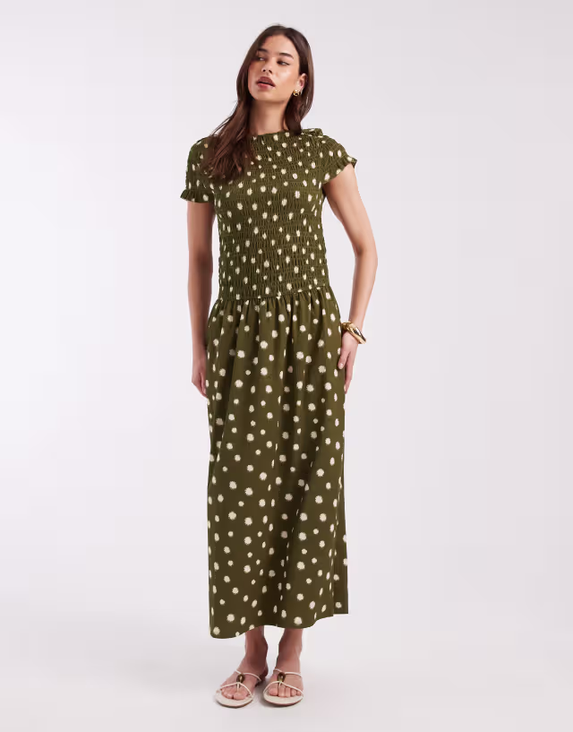 ONLY shirred maxi dress with green polka dot print