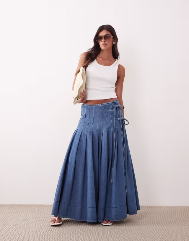 ARRANGE pleated denim midi skirt with tie detail in blue