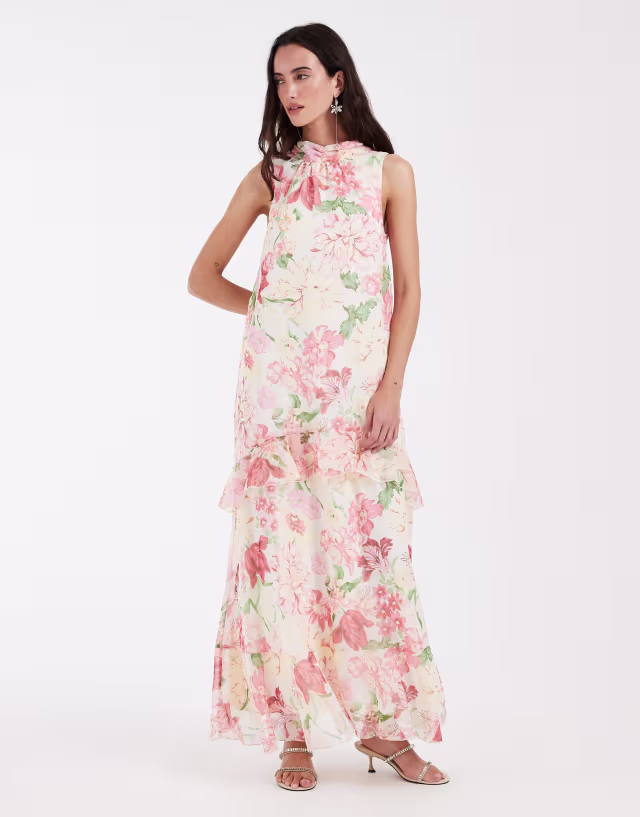 Vero Moda high neck sleeveless ruffle hem maxi dress in cream based pink floral print