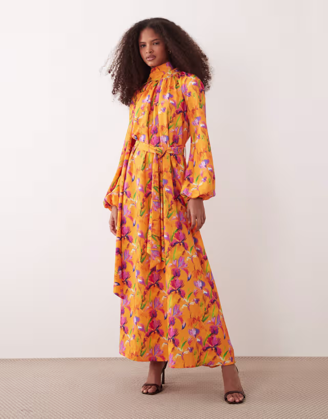 IYAL high neck balloon sleeve tie waist maxi dress in orange floral print
