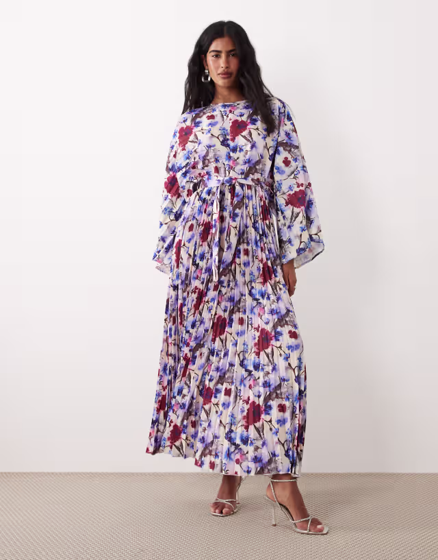 IYAL long sleeve pleated detail kaftan dress in blue floral print