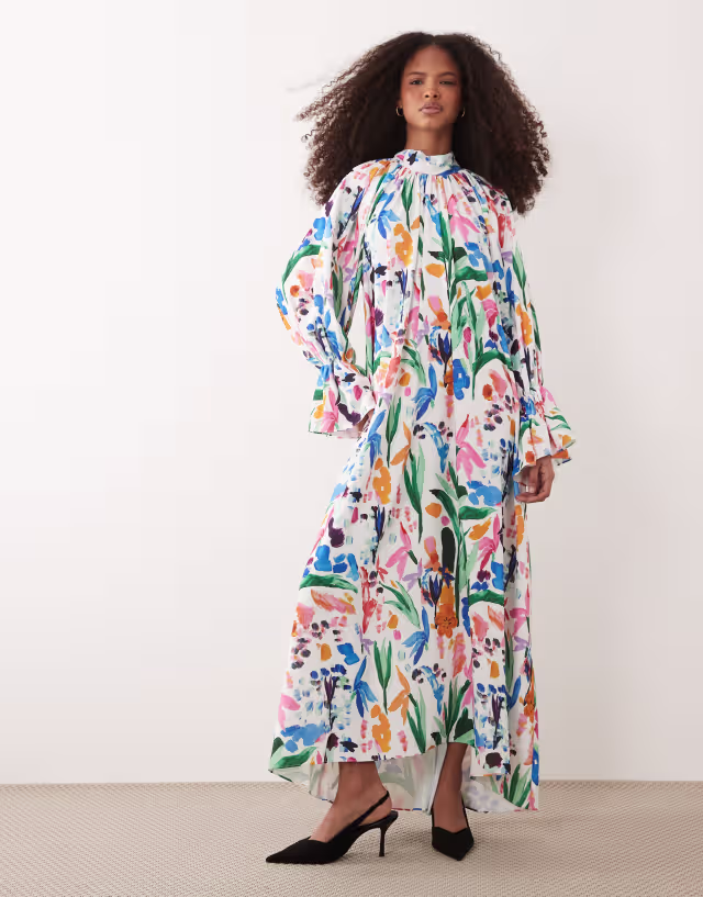 IYAL high neck cuff sleeve detail floaty maxi dress in bright watercolour floral print