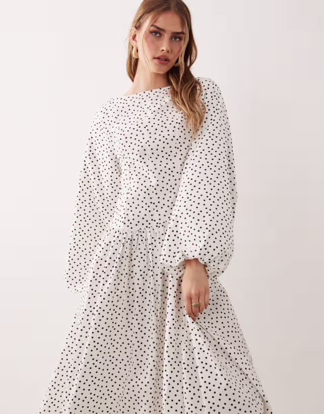 ASOS DESIGN poplin maxi dress with asymmetric waist and volume sleeves in chocolate polka dots