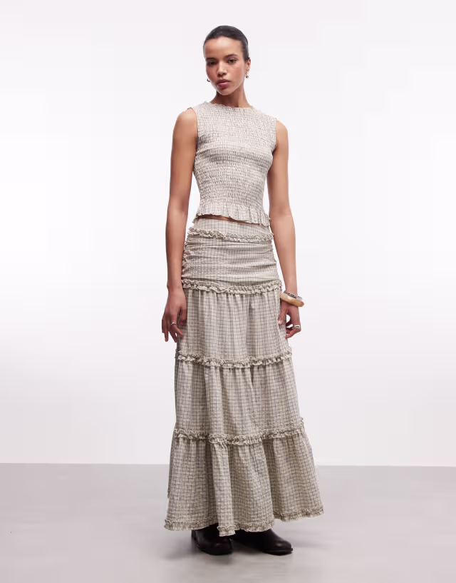Daisy Street dropped waist tiered maxi skirt in cream and blue plaid - part of a set