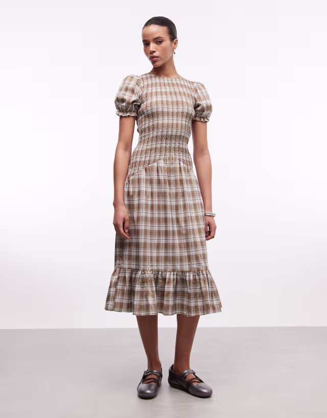 Daisy Street dropped waist shirred midi dress with puff sleeves in brown plaid