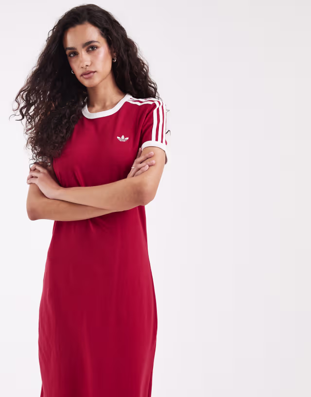 adidas Originals three stripe midi dress in burgundy