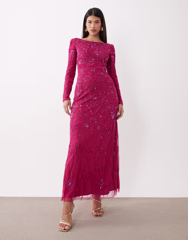 Beauut fully embellished beaded mesh overlay slash neck maxi dress in pink