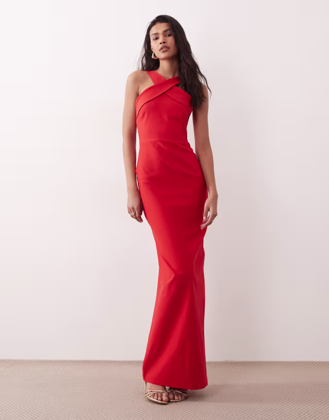 Vesper bengaline cross-front detail maxi dress in red