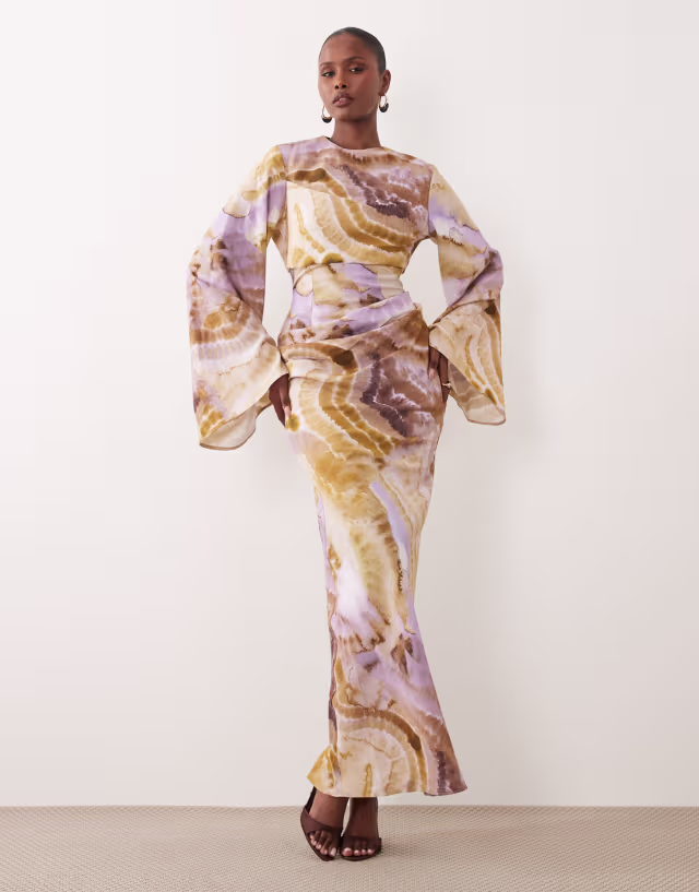 ASOS DESIGN long sleeve waisted maxi dress in abstract print