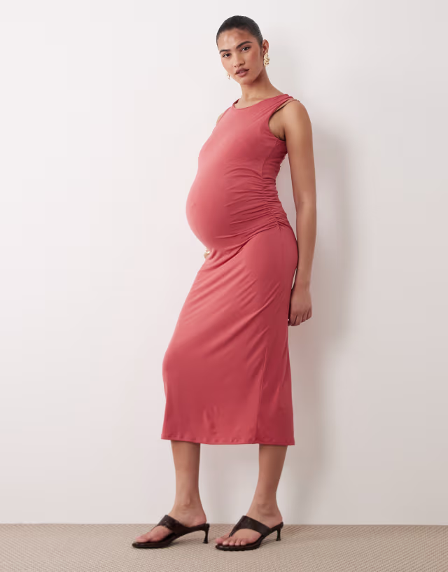 Mamalicious Maternity sleeveless ruched bodycon midi dress in dark dusty pink