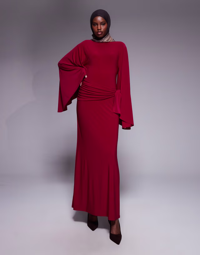 ASOS DESIGN exaggerated batwing cinched waist maxi dress in fuchsia pink