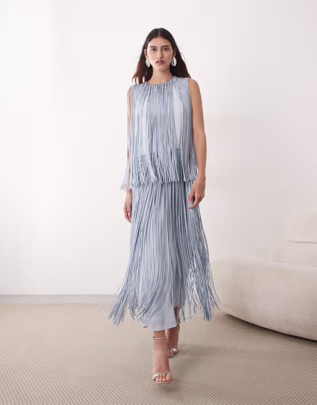 ARRANGE tiered fringe midaxi dress in pale blue