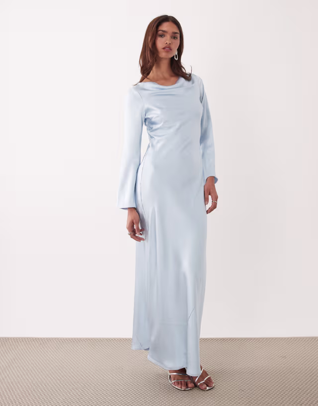 TFNC satin flared long sleeve maxi dress in light blue