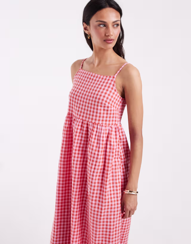 PIECES seersucker cami maxi dress in pink and red gingham print