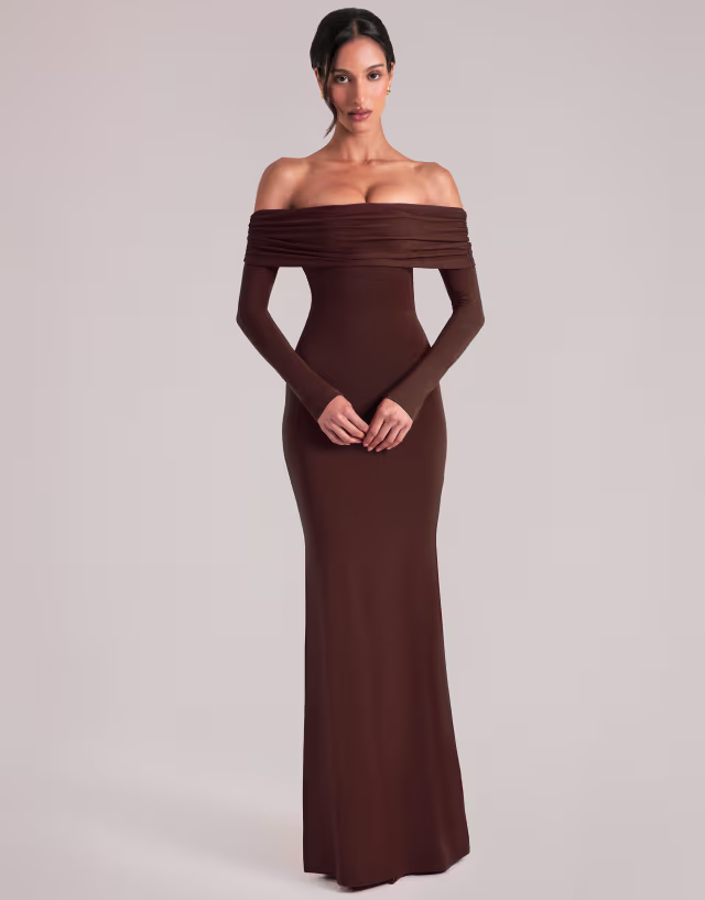 Oh Polly off shoulder cut out detail maxi dress in chocolate brown