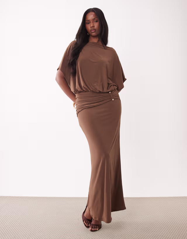 ASOS DESIGN angel sleeve blouson column maxi dress with ruched metal hardware detail in chocolate