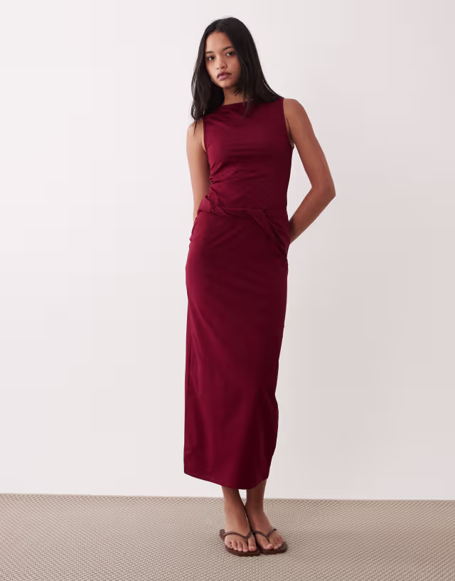 ASOS DESIGN slash neck sleeveless midi dress with twist detail in burgundy