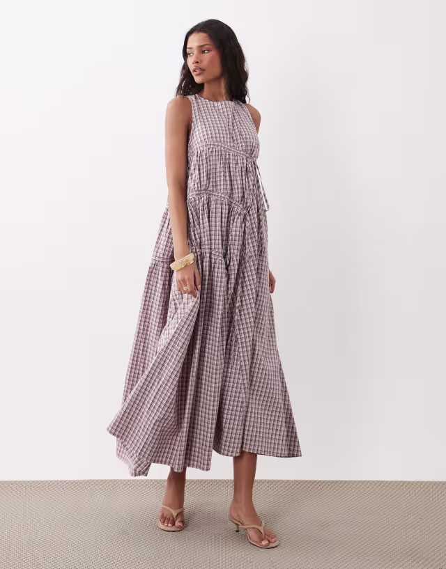 Ghospell sleeveless drawstring detail ruched midi dress in pink gingham