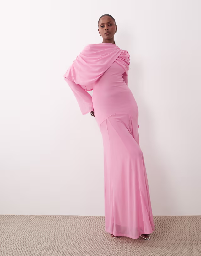 ASOS DESIGN modest mesh maxi dress with overlay draped neckline detail in pink