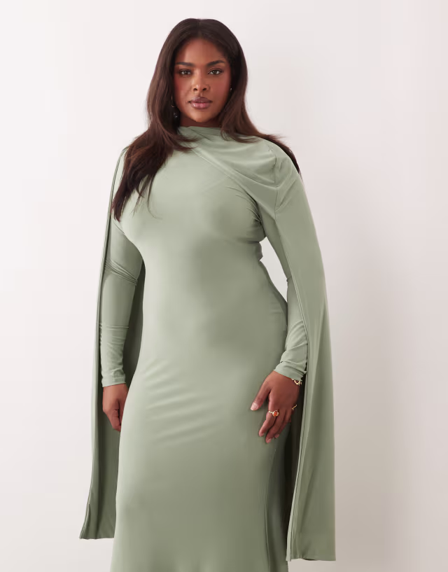 ASOS DESIGN Curve slinky long sleeve maxi dress with extreme cape shoulder detail in sage green