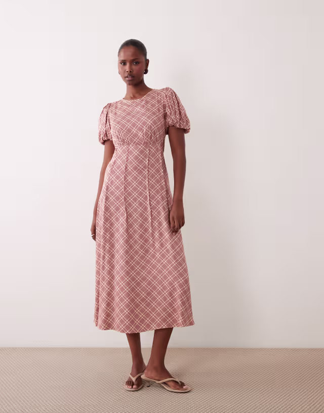 Nobody's Child Quinn satin puff sleeve midi tea dress in red plaid