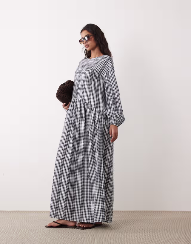 ASOS DESIGN crew neck arched waist smock maxi dress in gingham