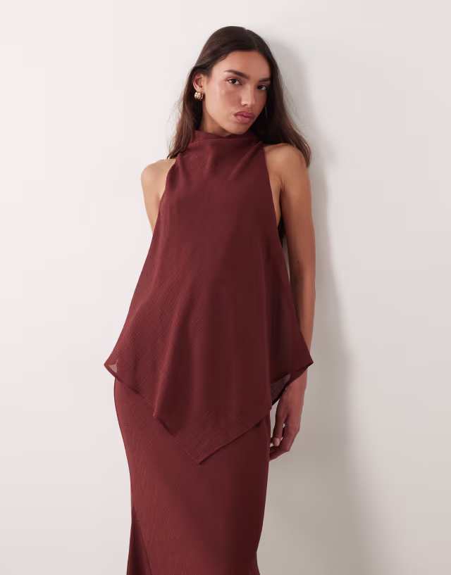 ASOS DESIGN chiffon high neck double layer maxi dress in chocolate brown