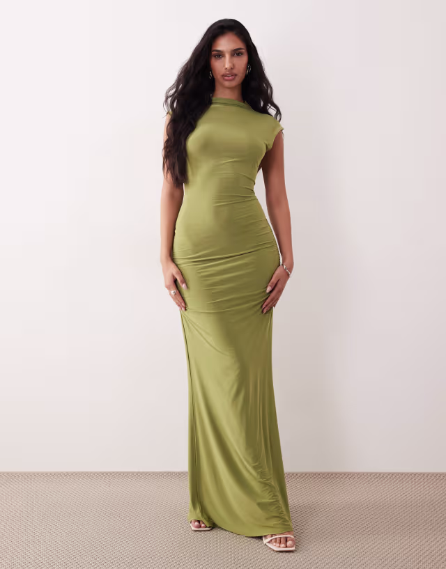 ASOS DESIGN cap sleeve maxi dress with lace up detail and ruching in olive green