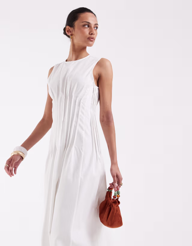 Vero Moda poplin pleated waist sleeveless midi dress in white
