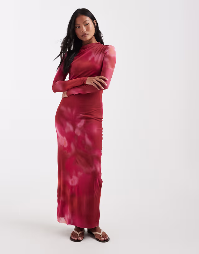 Vero Moda Petite long sleeve drapey mesh maxi dress in pink and orange marble print