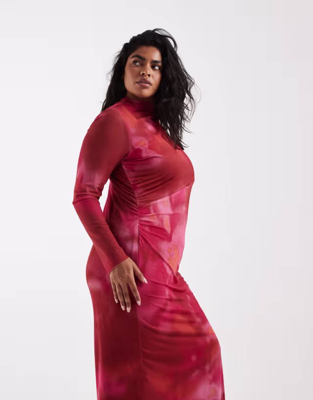 Vero Moda Curve long sleeve drapey mesh maxi dress in pink and orange marble print